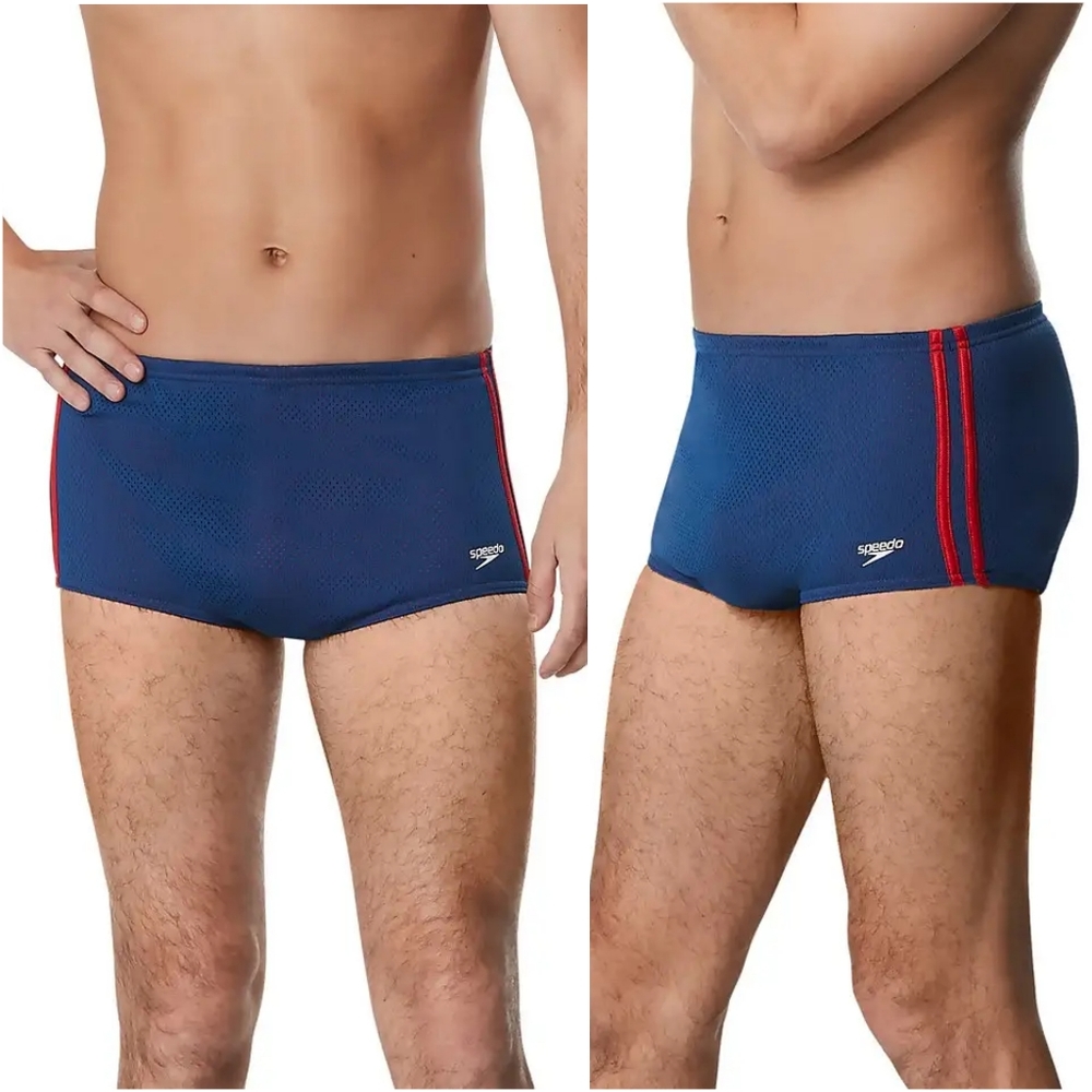 Speedo Men's Navy Swim Trunks with Red Stripes